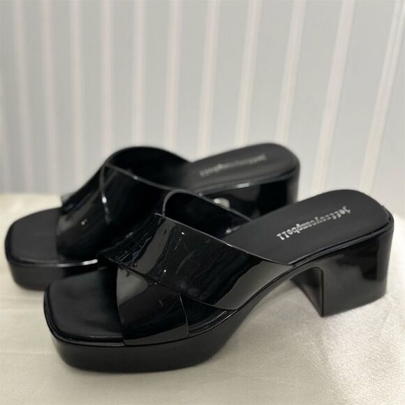 Jeffrey Campbell Black Patent Platform Mule Sandals Block Heel Size 7 US Y2K - Picture 1 of 9